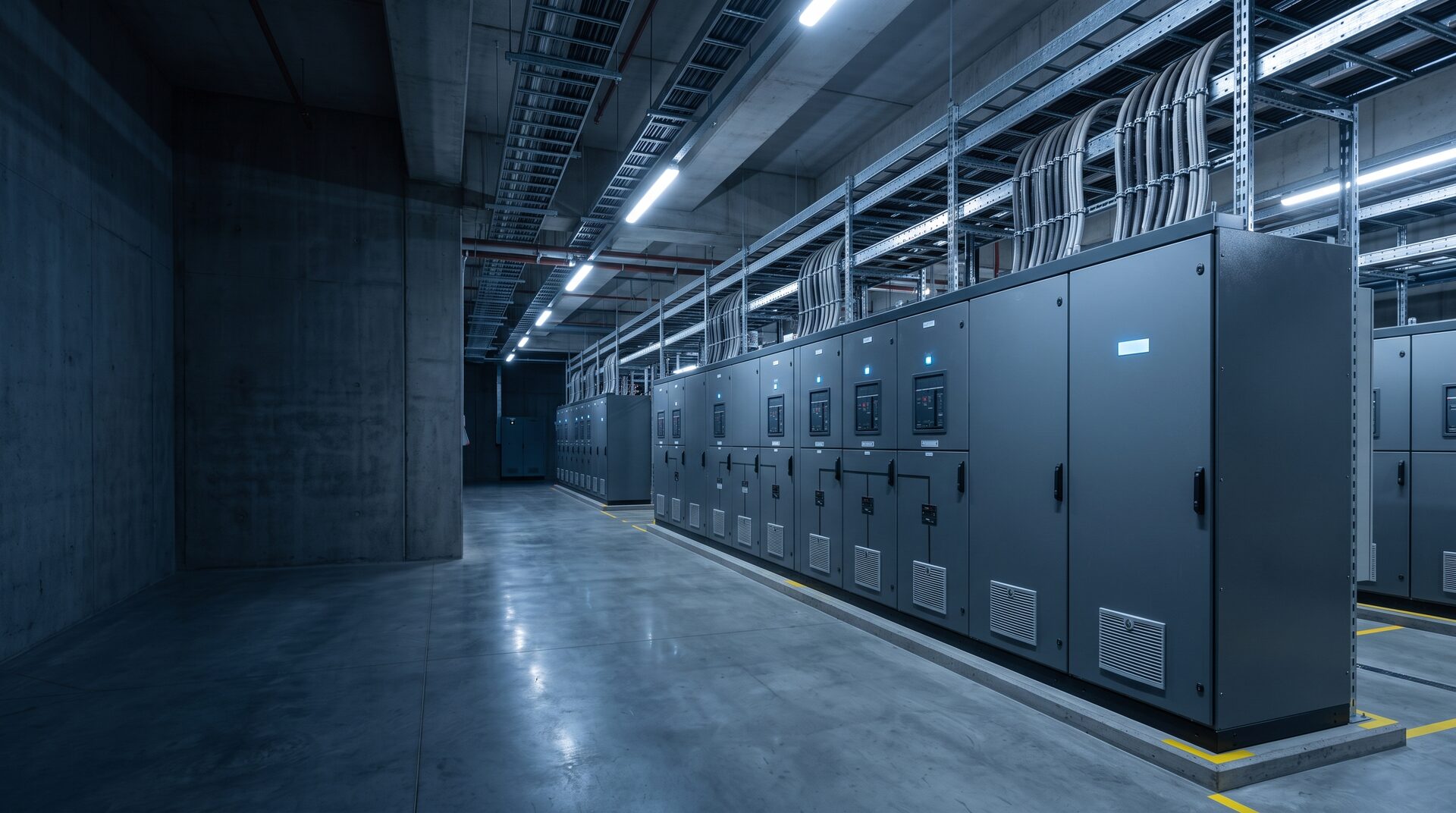 Rows of steel switchgear panels with cable ladder racking in an electrical switch room